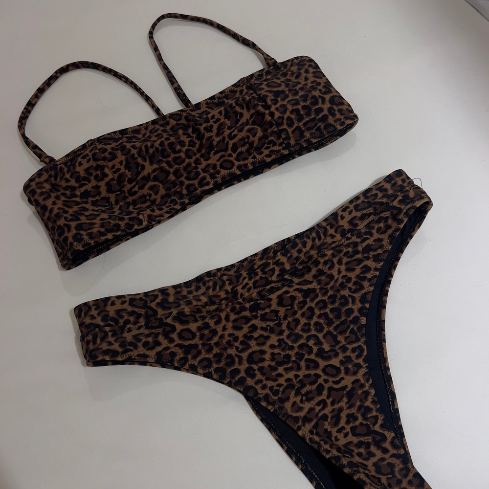 Kendall + Kylie Leopard Print Bandeau Bikini‎ Set Brown Black Small